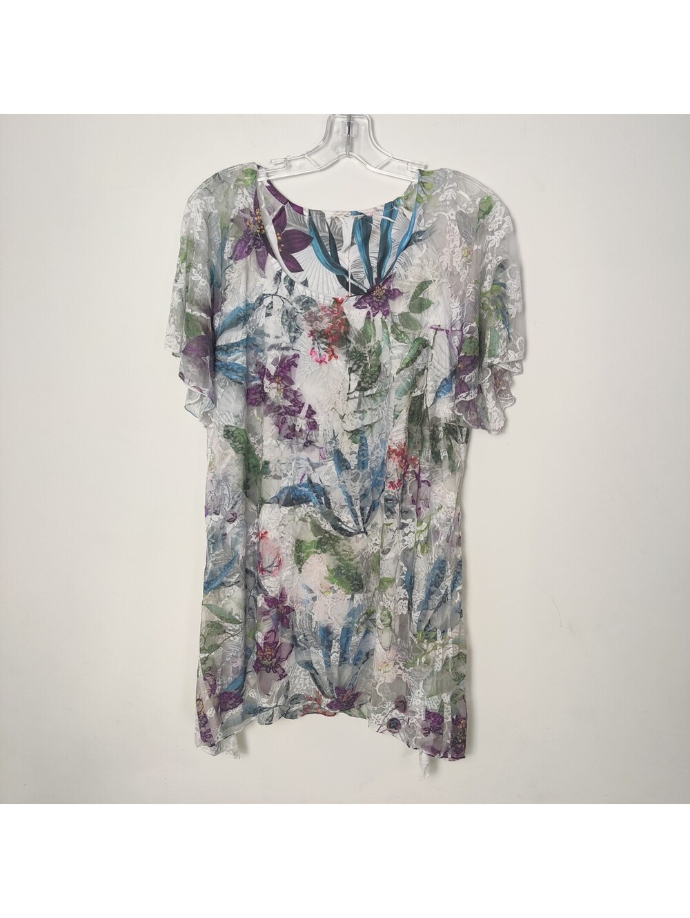 Brittany Black Woman Floral Lace Overlay Flutter Sleeve Layered Tunic Top 1X